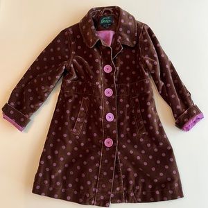 Mini Boden brown + purple polkadot coat. Soft brushed cotton w oversized buttons